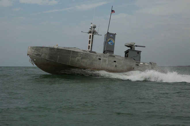 An unmanned surface vehicle with an "automatic pilot" follows a predetermined cruise during an Advanced Naval Technology Training at Camp Lejeune in July 2019